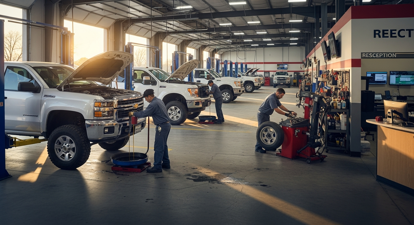 Pickup truck in a service bay undergoing maintenance