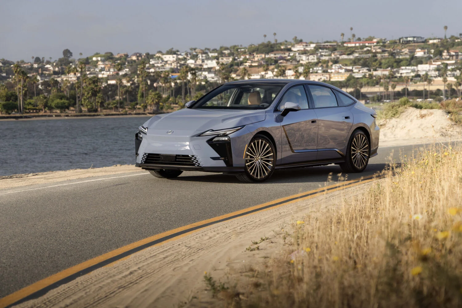 A silver Lexus sedan driving along a coastal road above a bay, with a hillside neighborhood of white houses and palm trees in the background.