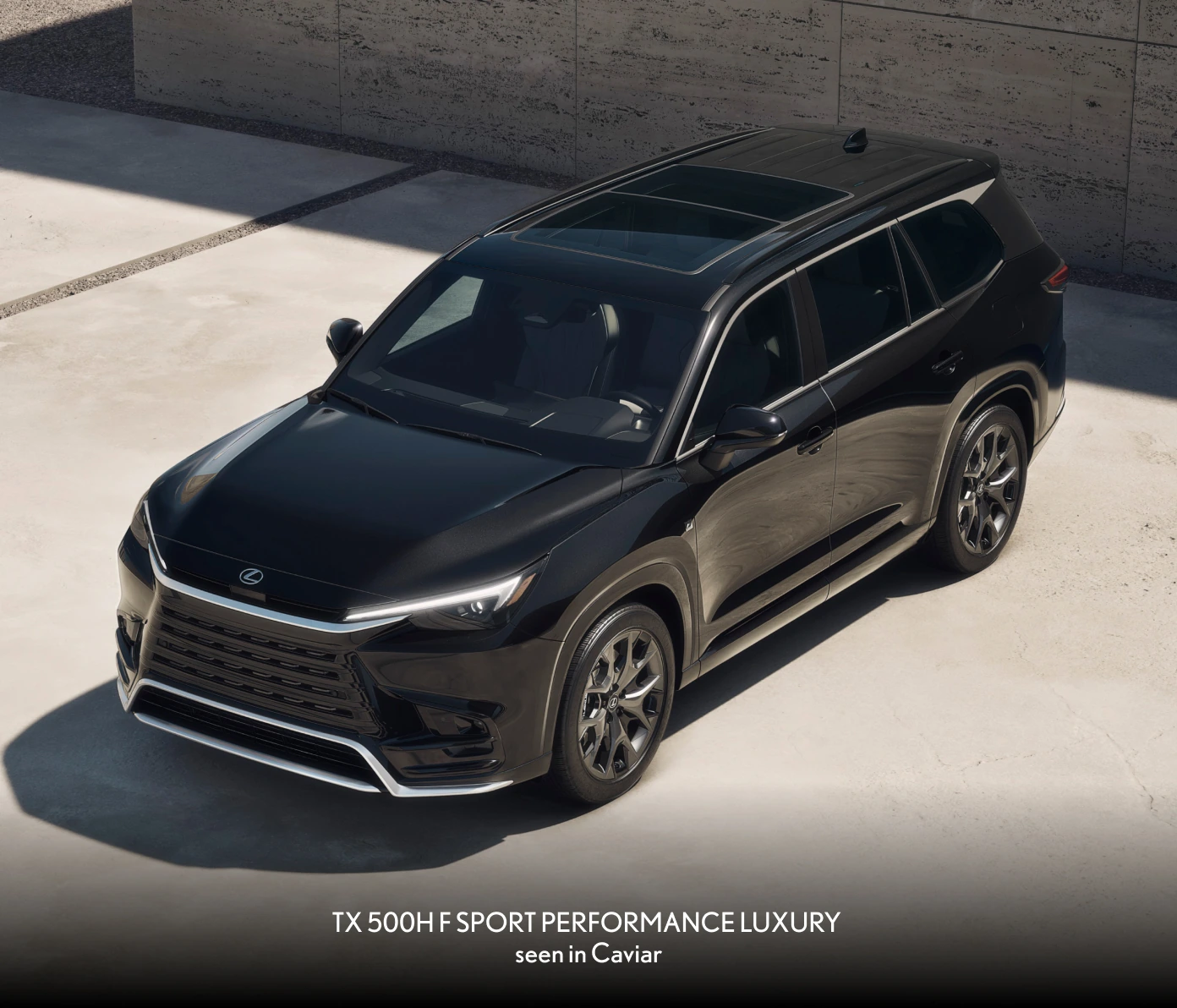 2026 Lexus TX 500h F SPORT Performance Luxury in Caviar, shown from an elevated front three-quarter view.