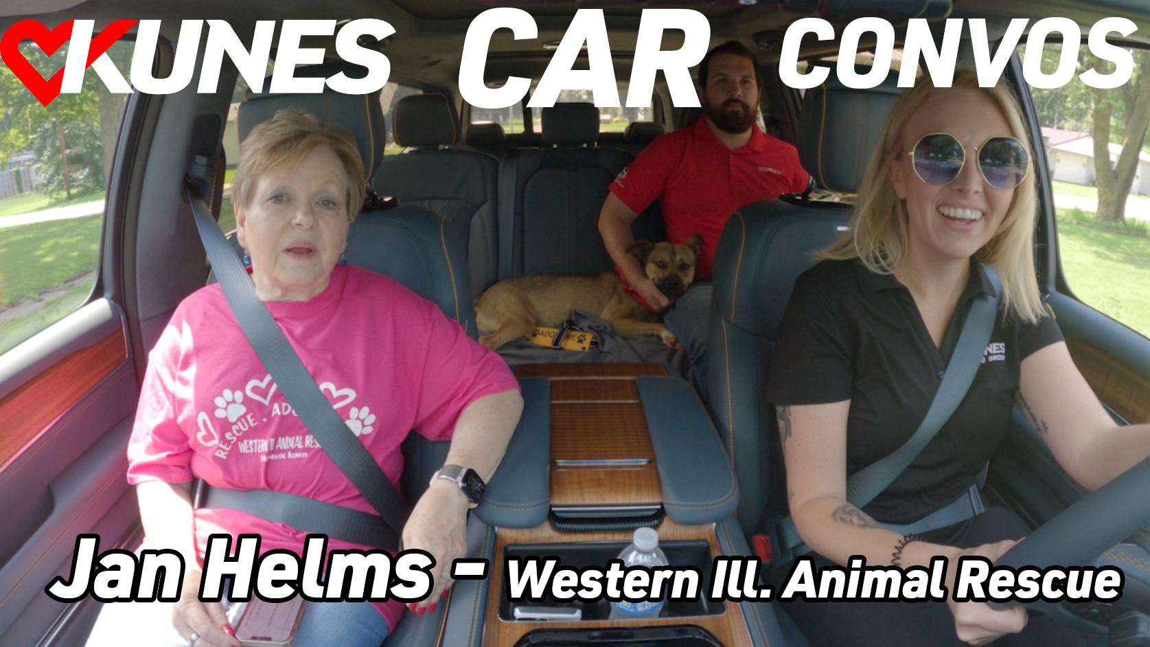 Pictured: Jan Helms, Riley the dog, Evan Ferguson, and Lauren Johnson; Text reads: Kunes Car Convos, Jan Helms - Western Ill. Animal Rescue