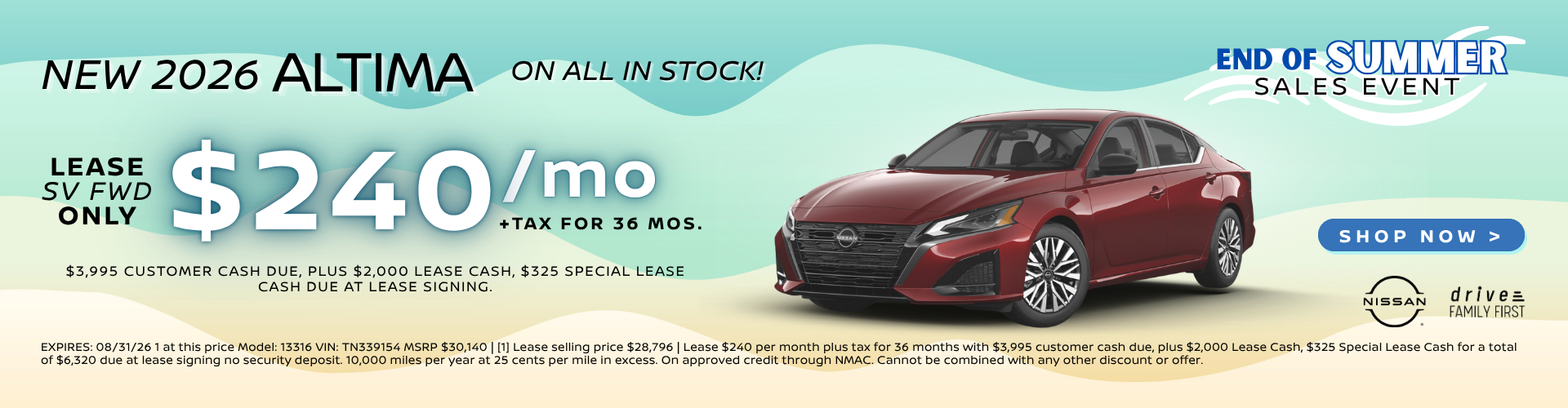 New 2026 Altima SV FWD Lease only 220/mo. for 36 mos.