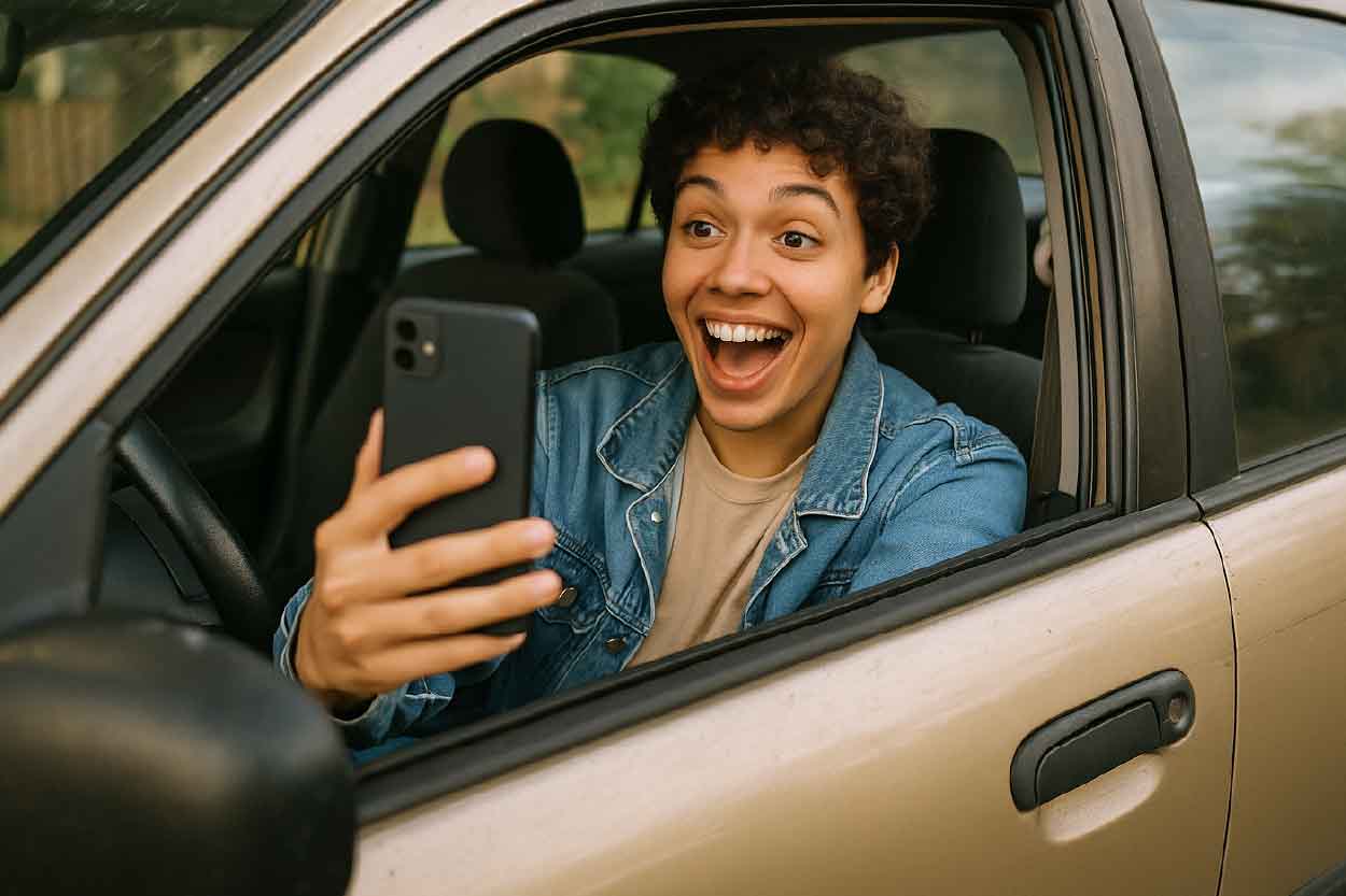 A teen buying their first car on a sunny day.