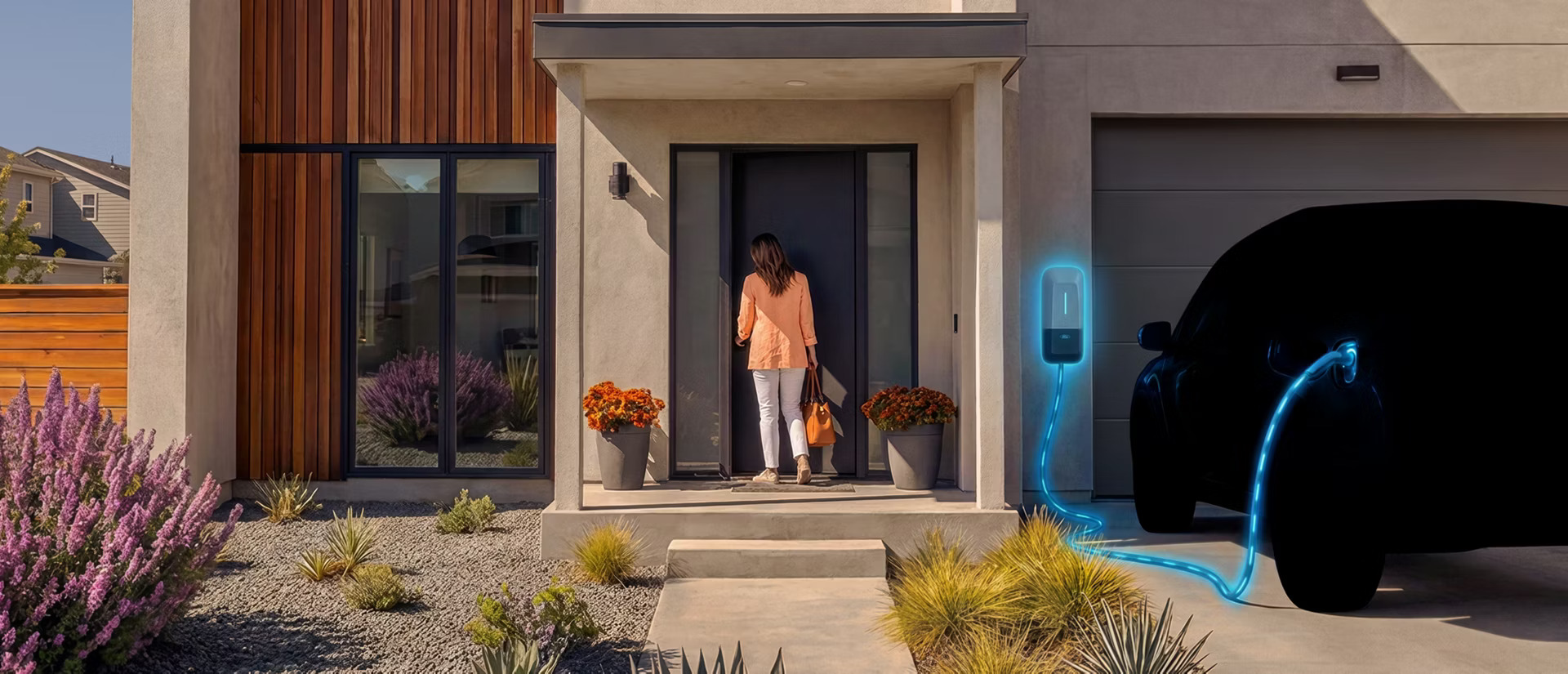 Woman walking to the front door of a home while an electric truck charges in the garage, illustrating home charging for the Ford Fathom