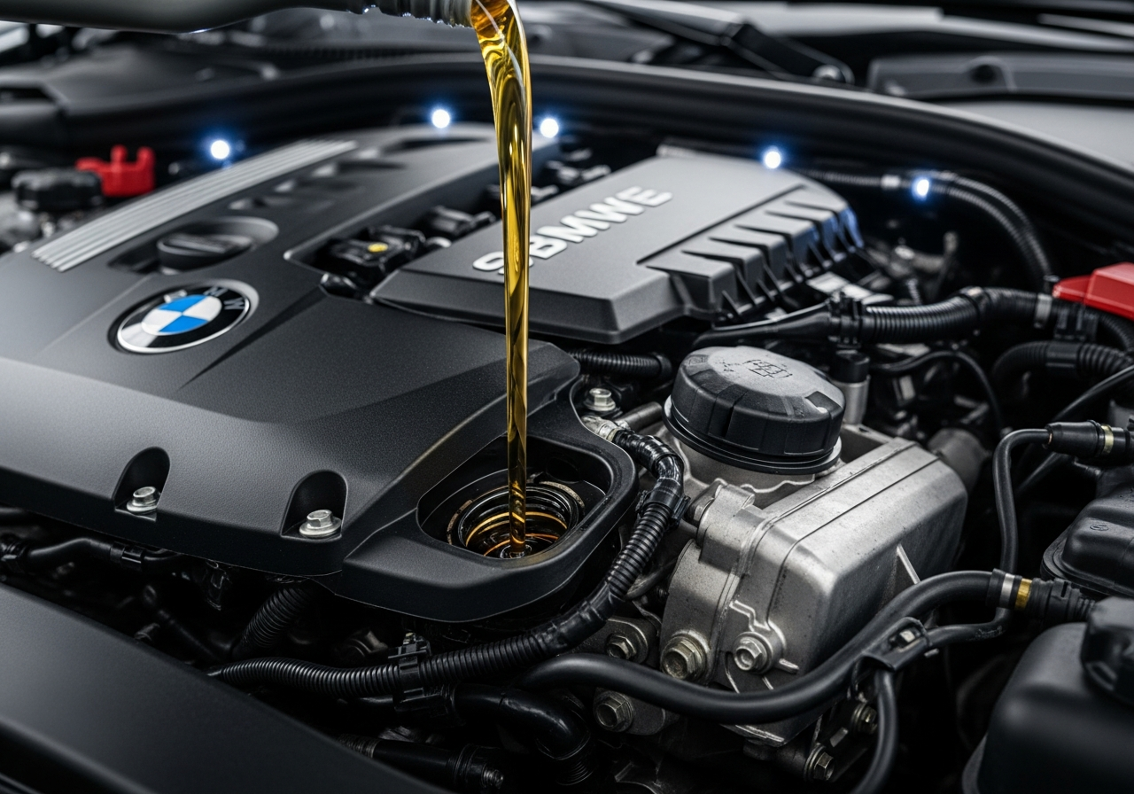 Engine oil being poured during service.