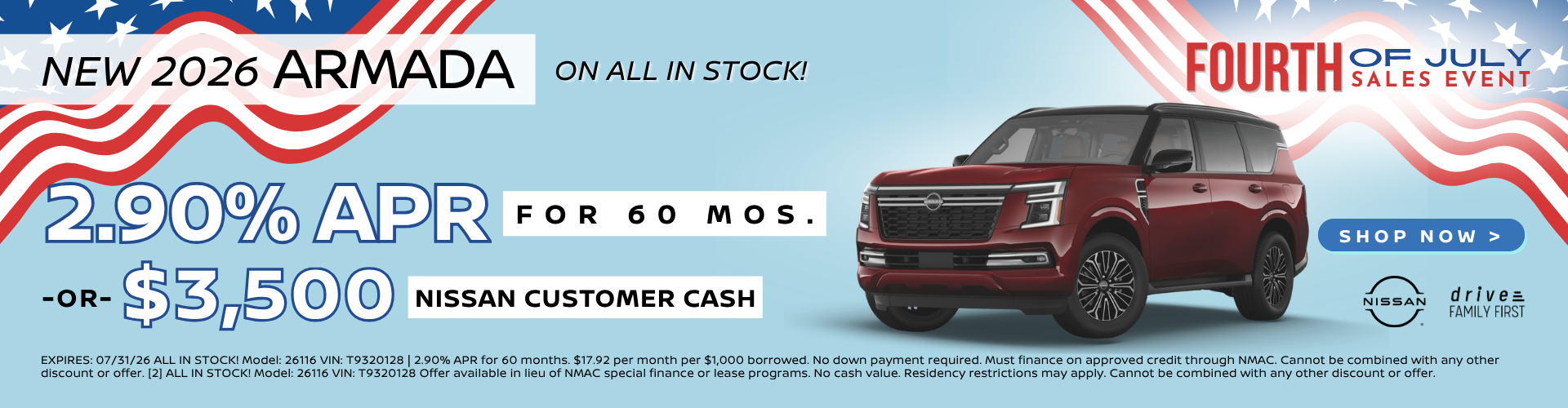 2026 Armada 2.9 APR for 60 mo. for 36 mos. or $3500 Nissan Customer Cash 