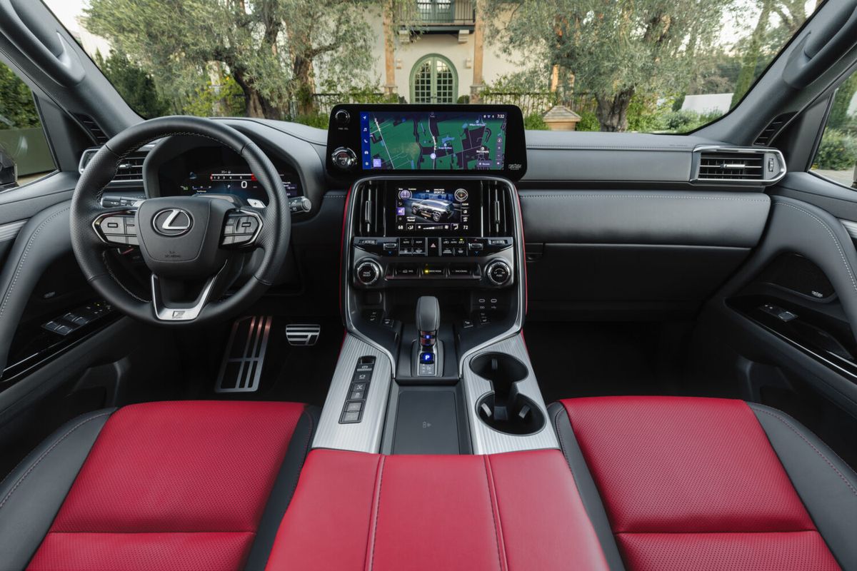 2026 Lexus LX F Sport cockpit with Circuit Red leather and F-badged steering wheel