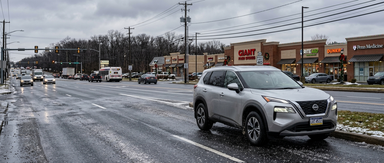 2026 Nissan Rogue AWD on wet salt-dusted suburban Pennsylvania road in winter