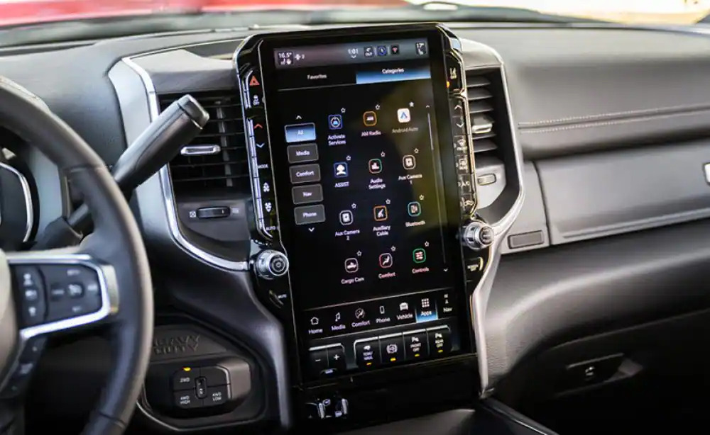 The front display screen in a ram truck.