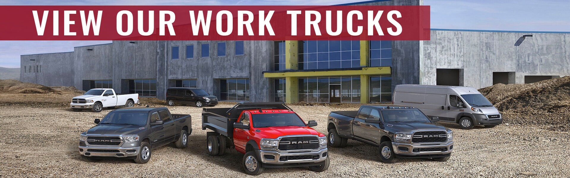 View our work trucks — lineup of Ram pickups, dump truck, and ProMaster vans