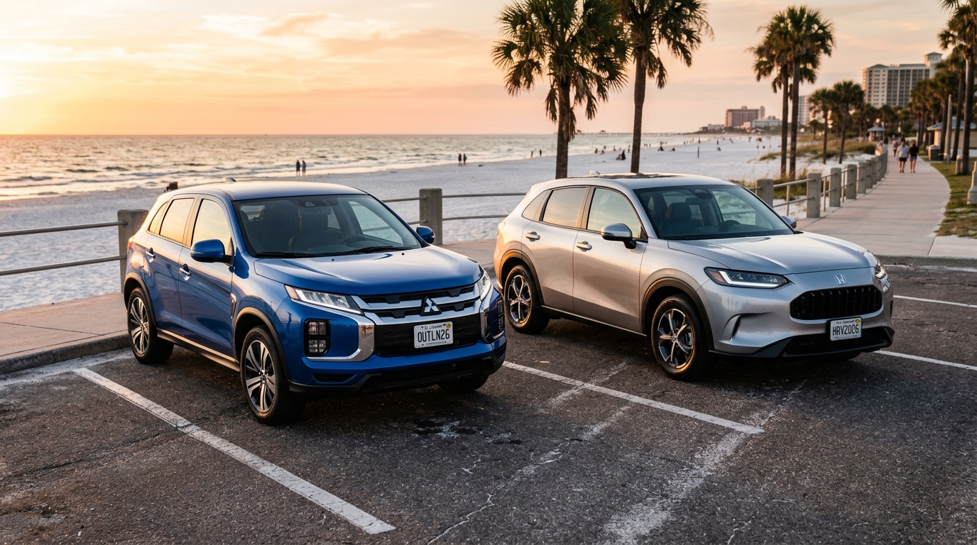 A blue Mitsubishi SUV and a silver Honda HR-V parked next to a beach boardwalk at sunset. (Representative image for illustration purposes only. Actual vehicle may vary based on trim and configuration.)