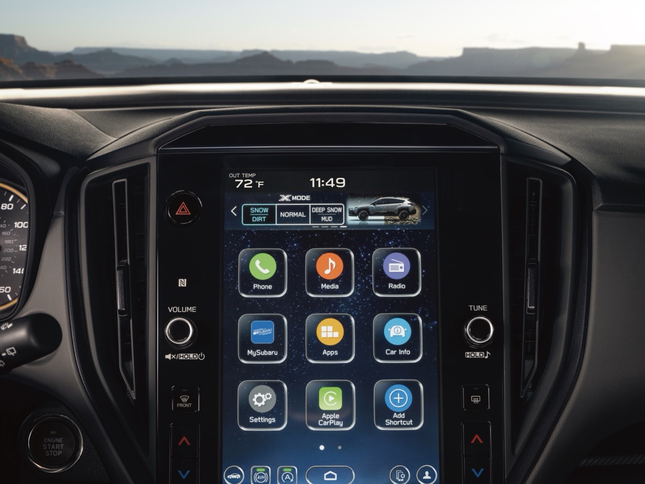 A static close-up image of the center touchscreen display inside a Subaru Wilderness model. 