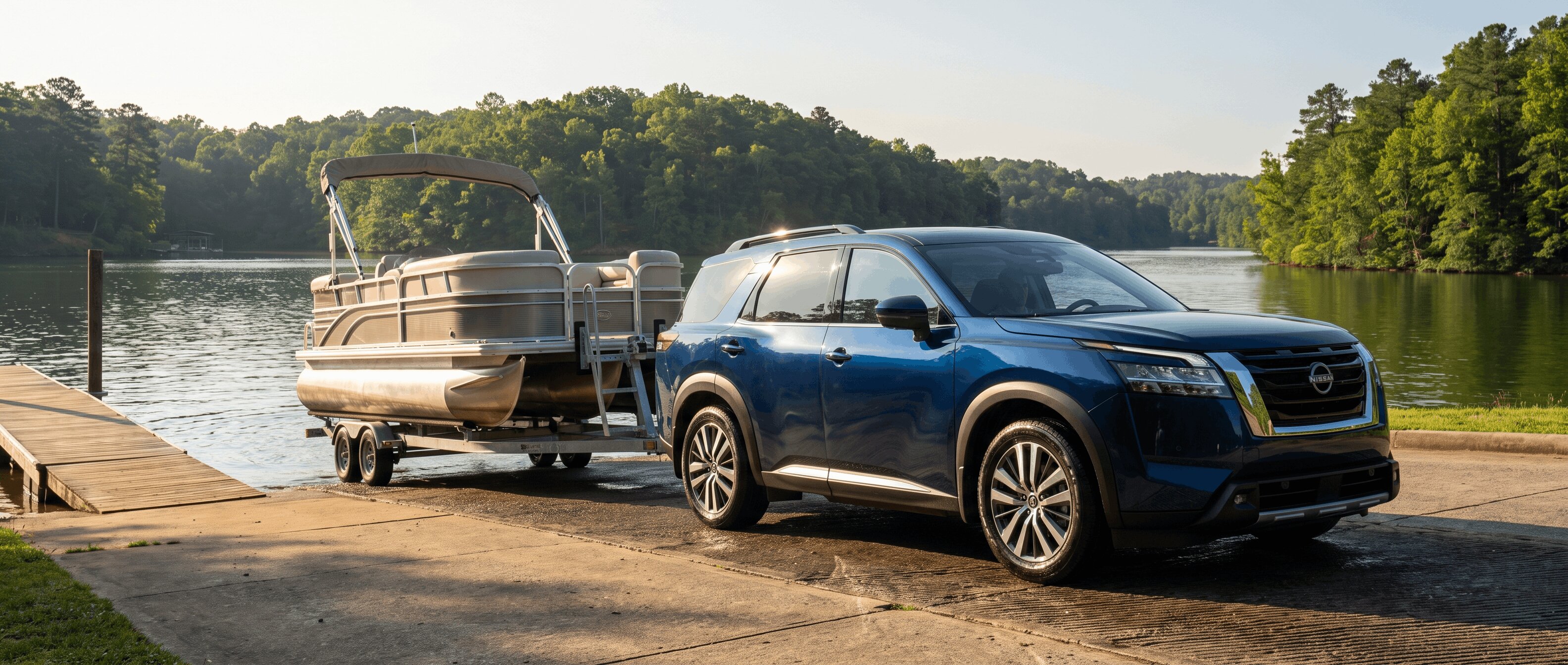 2026 Nissan Pathfinder towing a pontoon boat at a Georgia lake boat ramp on a summer morning