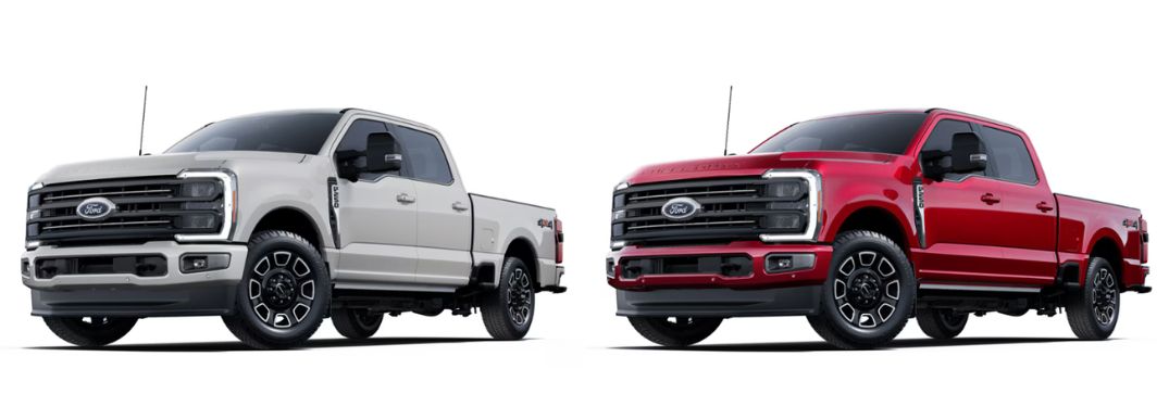 Avalanche and Ruby Red Metallic 2025 Ford Super Duty Models on White Background