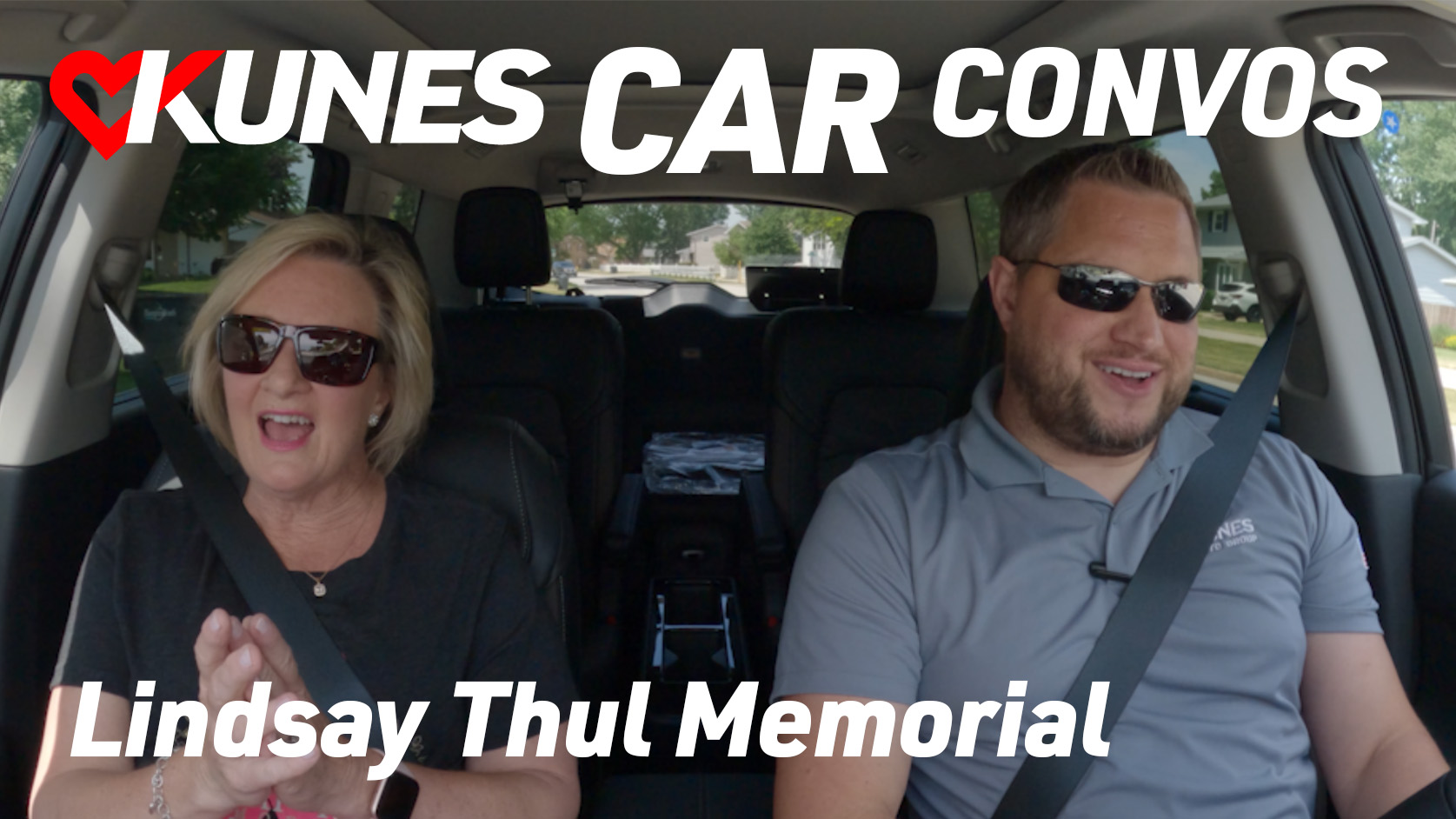 Pictured left to right: Diane Koster, Founder of Lindsay's Legacy Fund, and Sean Fortin, General Manager of Kunes Nissan of Davenport, IA, sitting inside of the 2024 Nissan Pathfinder.
Text reads: Kunes Car Convos; Lindsay Thul Memorial