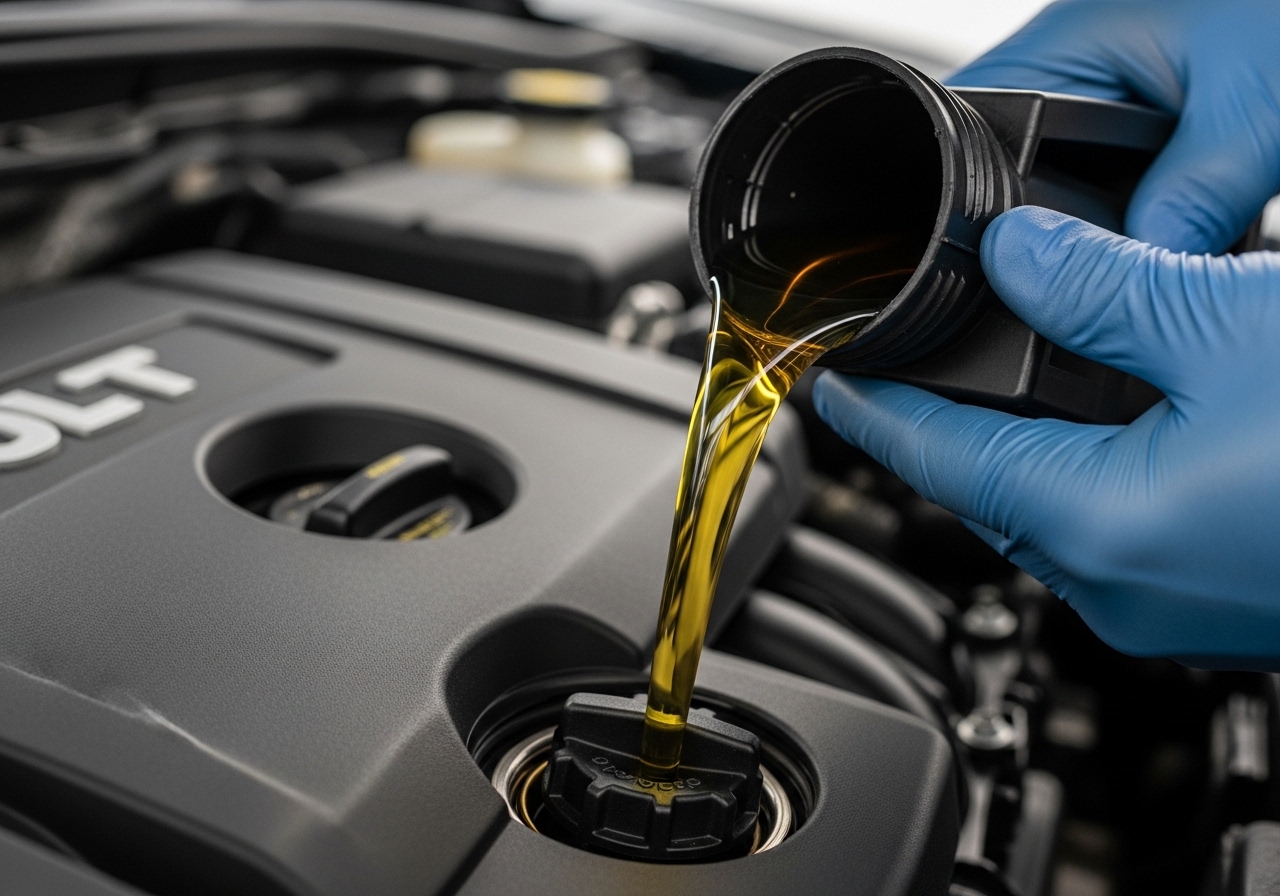 Technician pouring motor oil into an engine at a dealership