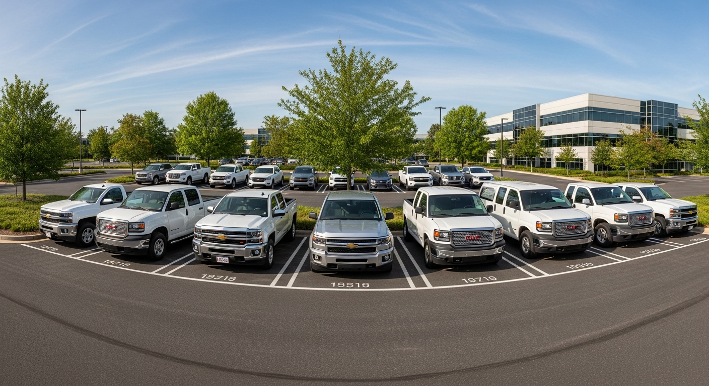 Commercial delivery trucks parked at a facility