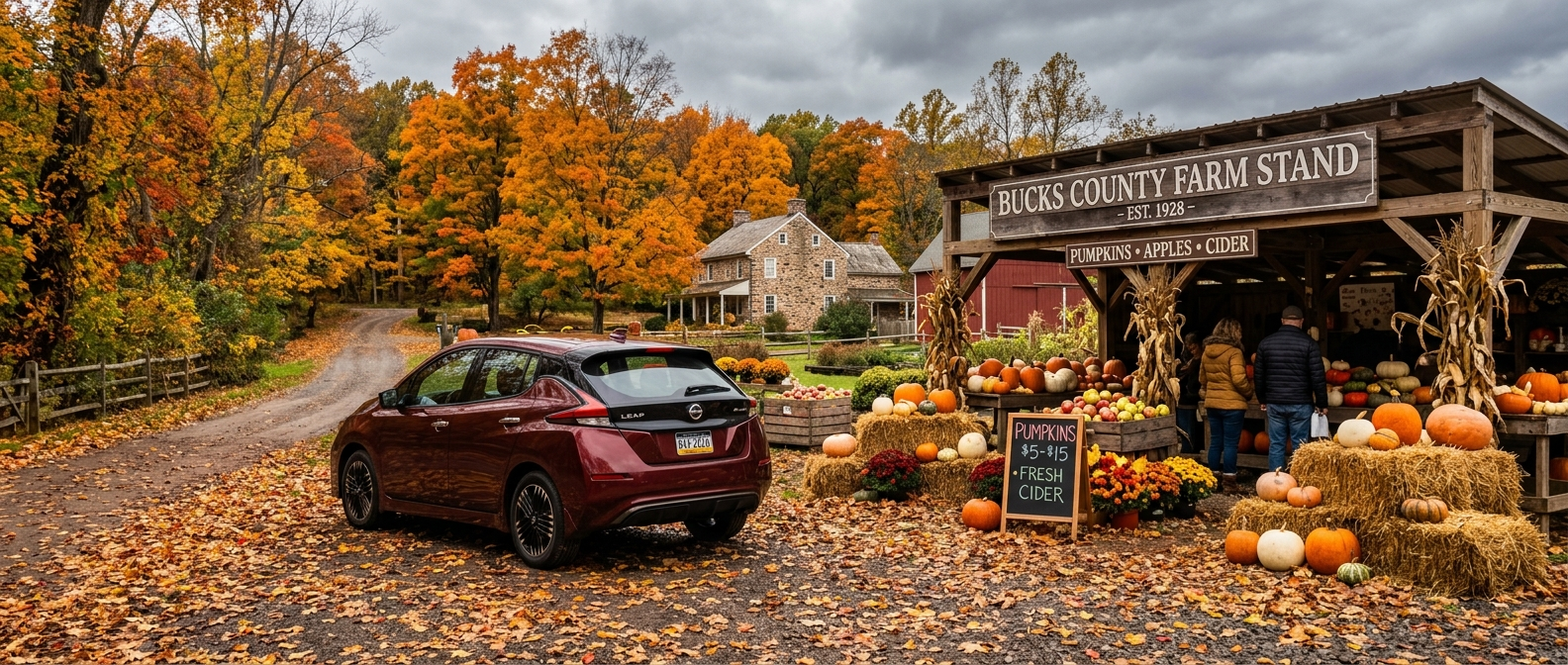2026 Nissan LEAF crossover SUV parked at a Bucks County pumpkin patch on a fall day