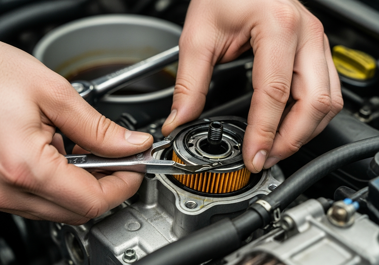 Close-up of hands working under a car hood with a wrench