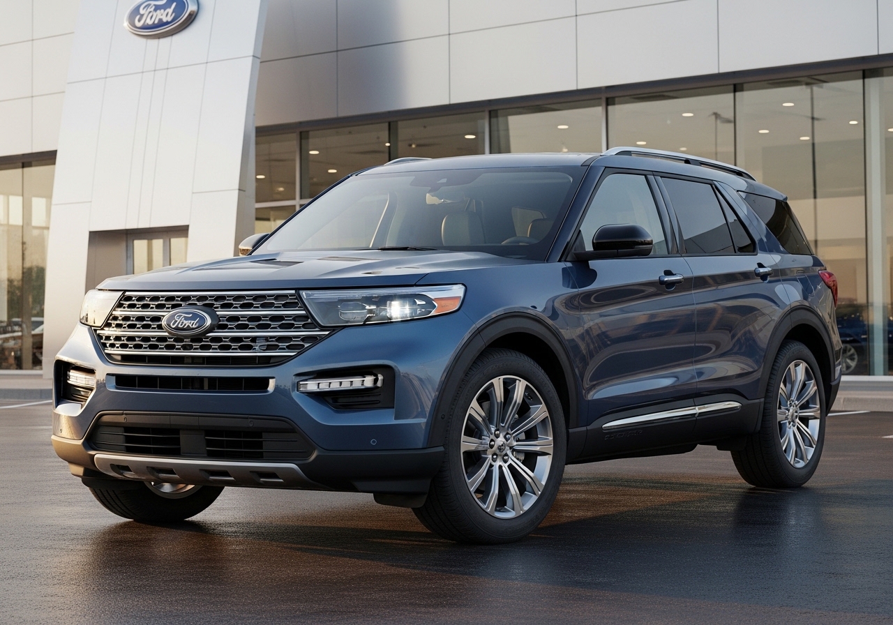 2026 Ford Explorer parked in front of a modern dealership, showcasing its sleek design and advanced features.