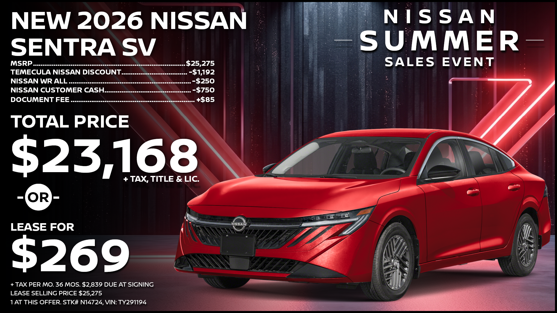 2026 Nissan Sentra SV Lease Special