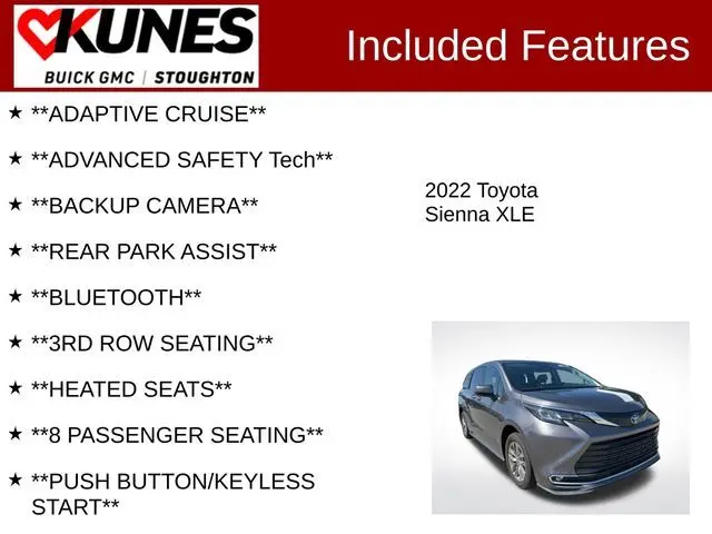 Used 2022 Toyota Sienna XLE with VIN 5TDYRKEC7NS103976 for sale in Stoughton, WI