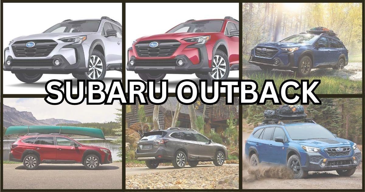 Collage of six 2025 Subaru Outback trims in different colors and settings with the words Subaru Outback