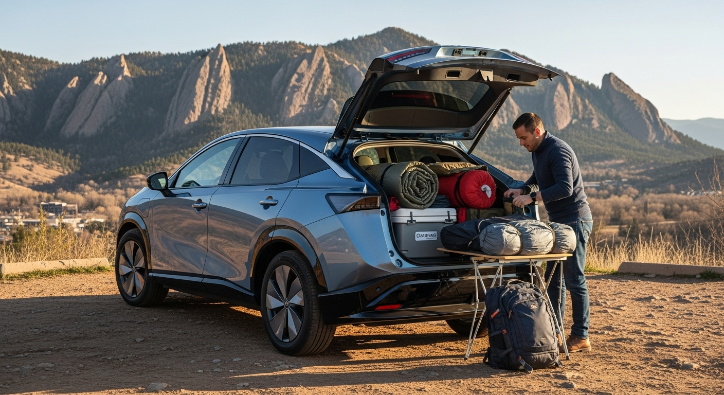 A family loads camping gear into the rear cargo area of a metallic blue Nissan Ariya parked near the Flatirons, illustrating the electric SUV’s everyday versatility.