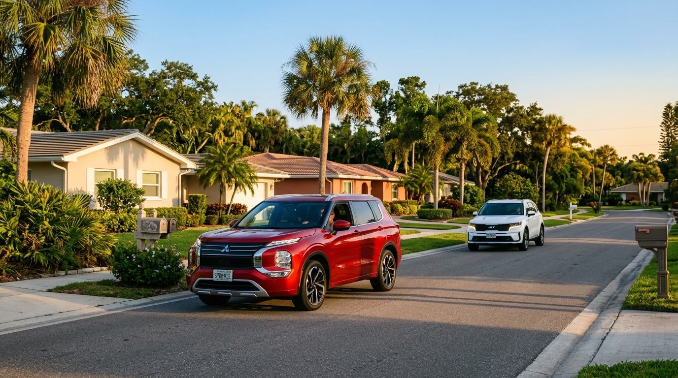 Red Mitsubishi Outlander and white Kia Sorento driving down a residential street lined with palm trees. (Representative image for illustration purposes only. Actual vehicle may vary based on trim and configuration.)