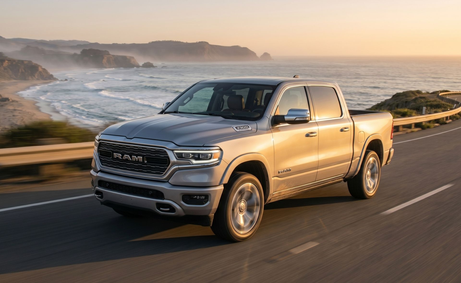 A silver Ram 1500 crew cab pickup truck driving along a scenic coastal highway at sunset, with waves crashing on the beach in the background.