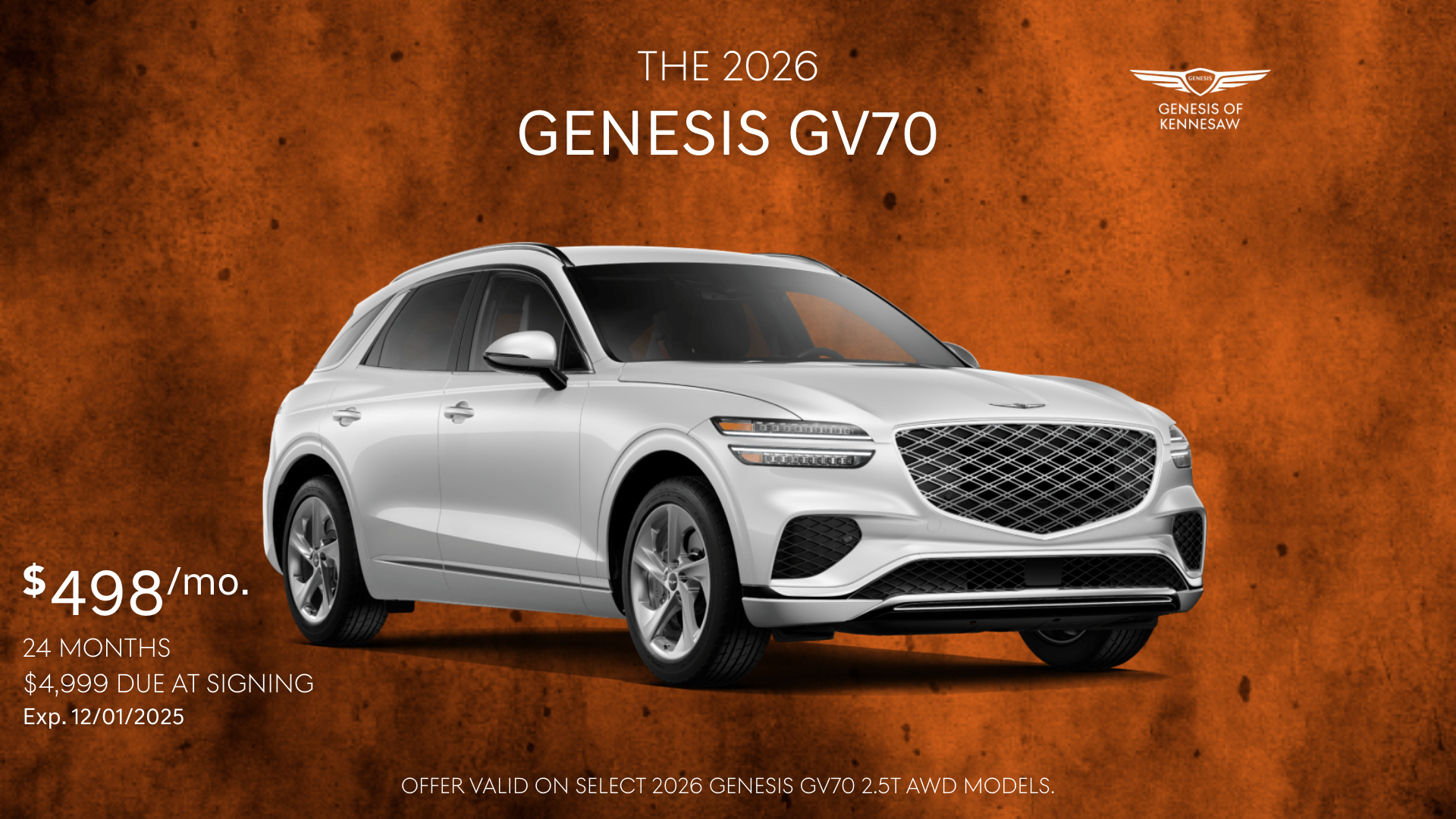 Genesis GV70 Banner. Limited Availability. Preproduction model with optional features shown.