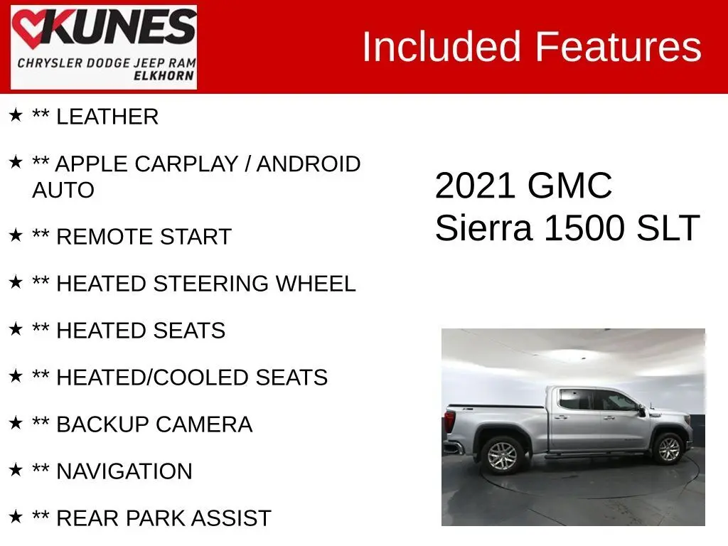 Used 2021 GMC Sierra 1500 SLT with VIN 1GTU9DED4MZ169157 for sale in Elkhorn, WI