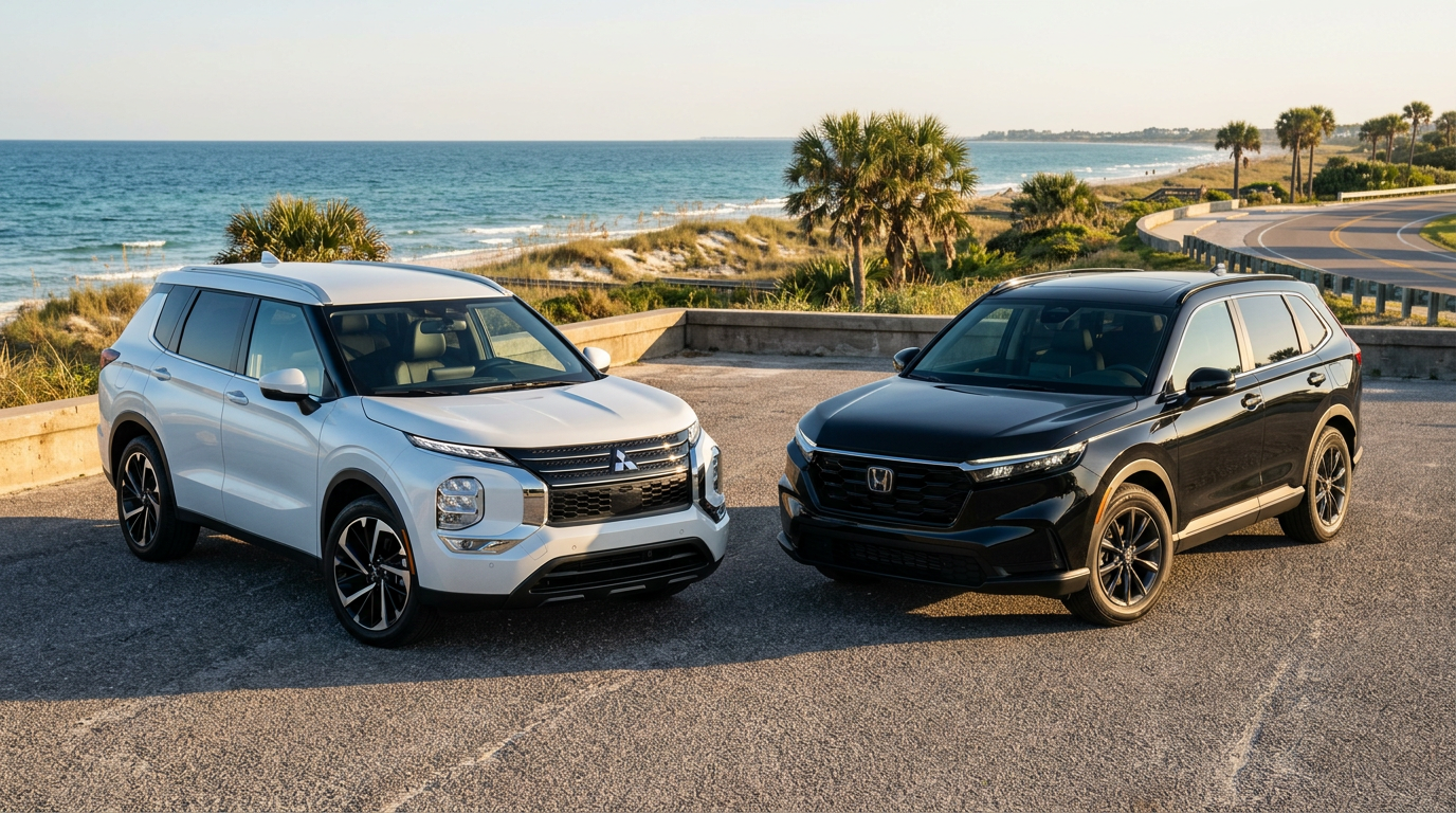 A white Mitsubishi Outlander and black Honda CR-V parked side-by-side on a scenic coastal road.