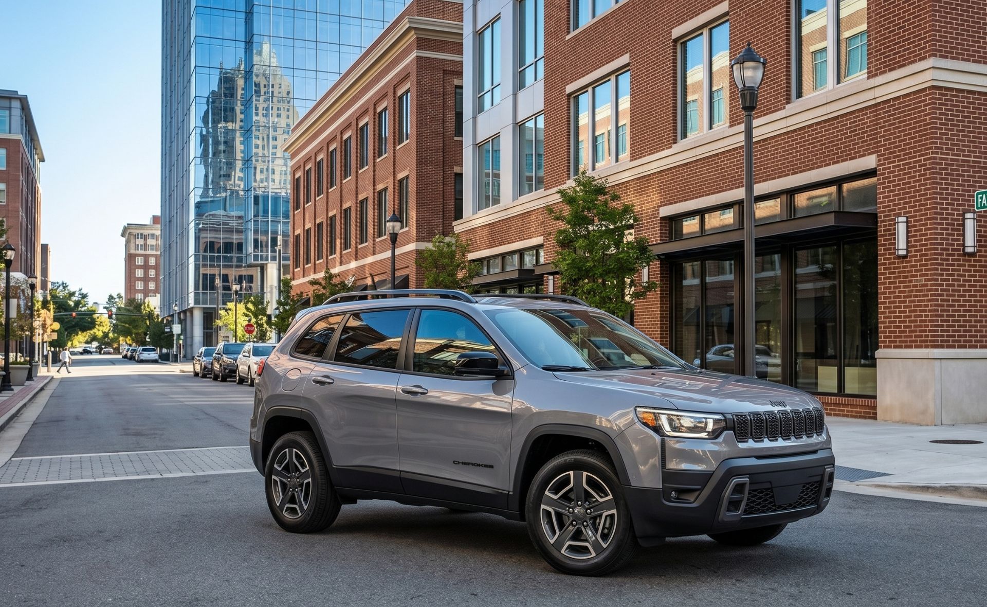 A grey Jeep Cherokee SUV parked on a city street corner flanked by multi-story brick buildings and a modern glass skyscraper in the background on a clear day in Raleigh.