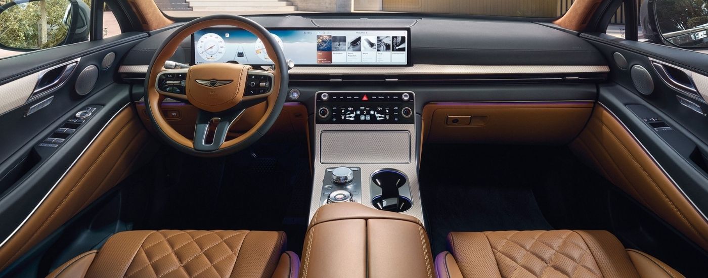 Black and tan interior of a 2025 Genesis GV80 for sale