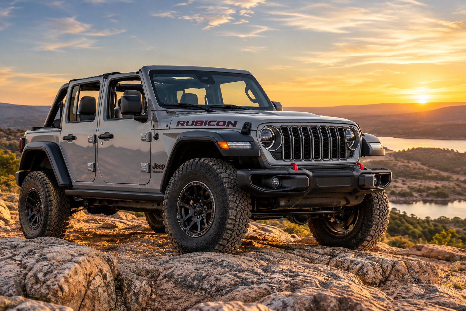 Jeep Wrangler Rubicon X on rocky terrain at sunset near Bonham, TX