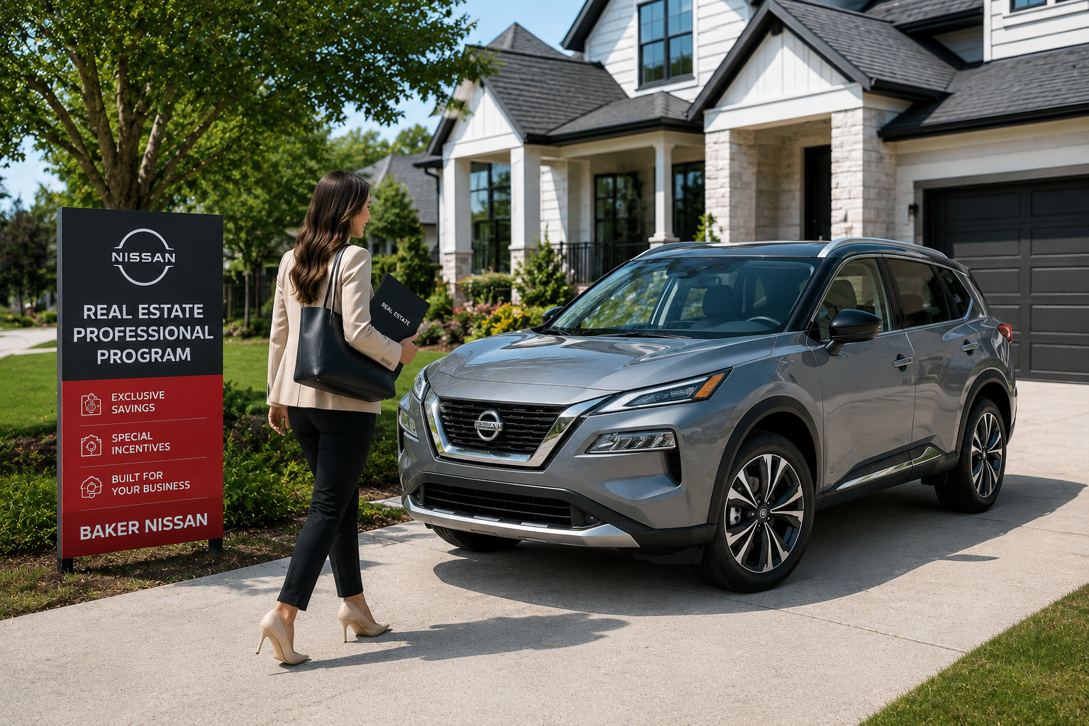 Nissan Pathfinder parked outside a home for the Nissan Real Estate Professional Program
