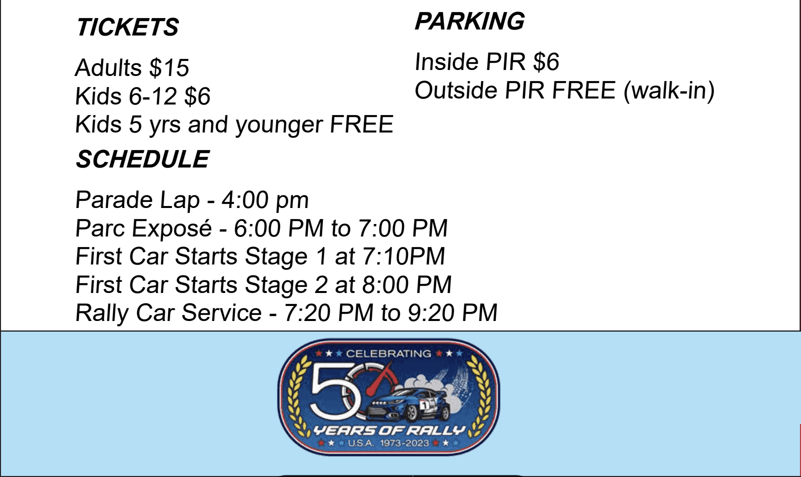 Oregon Trail Rally tickets, parking and schedule details