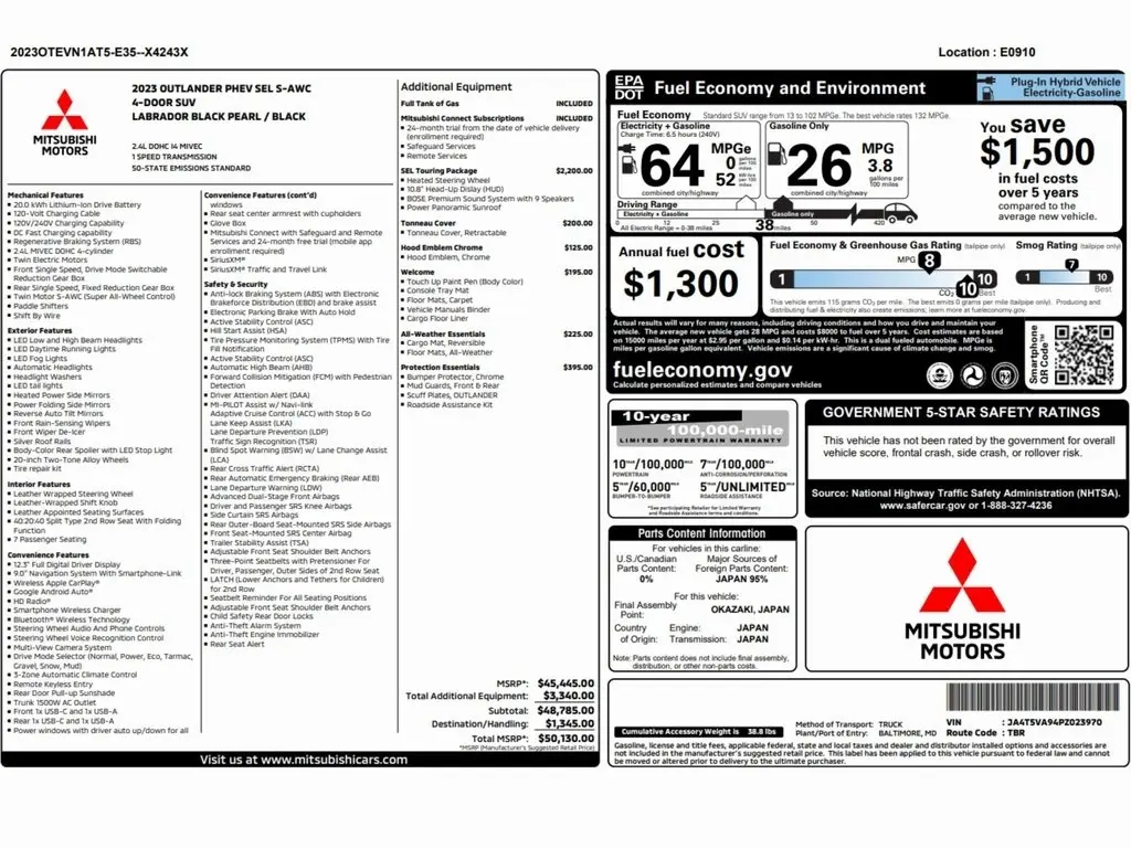 Used 2023 Mitsubishi Outlander Plug-In Hybrid SEL with VIN JA4T5VA94PZ023970 for sale in Trooper, PA