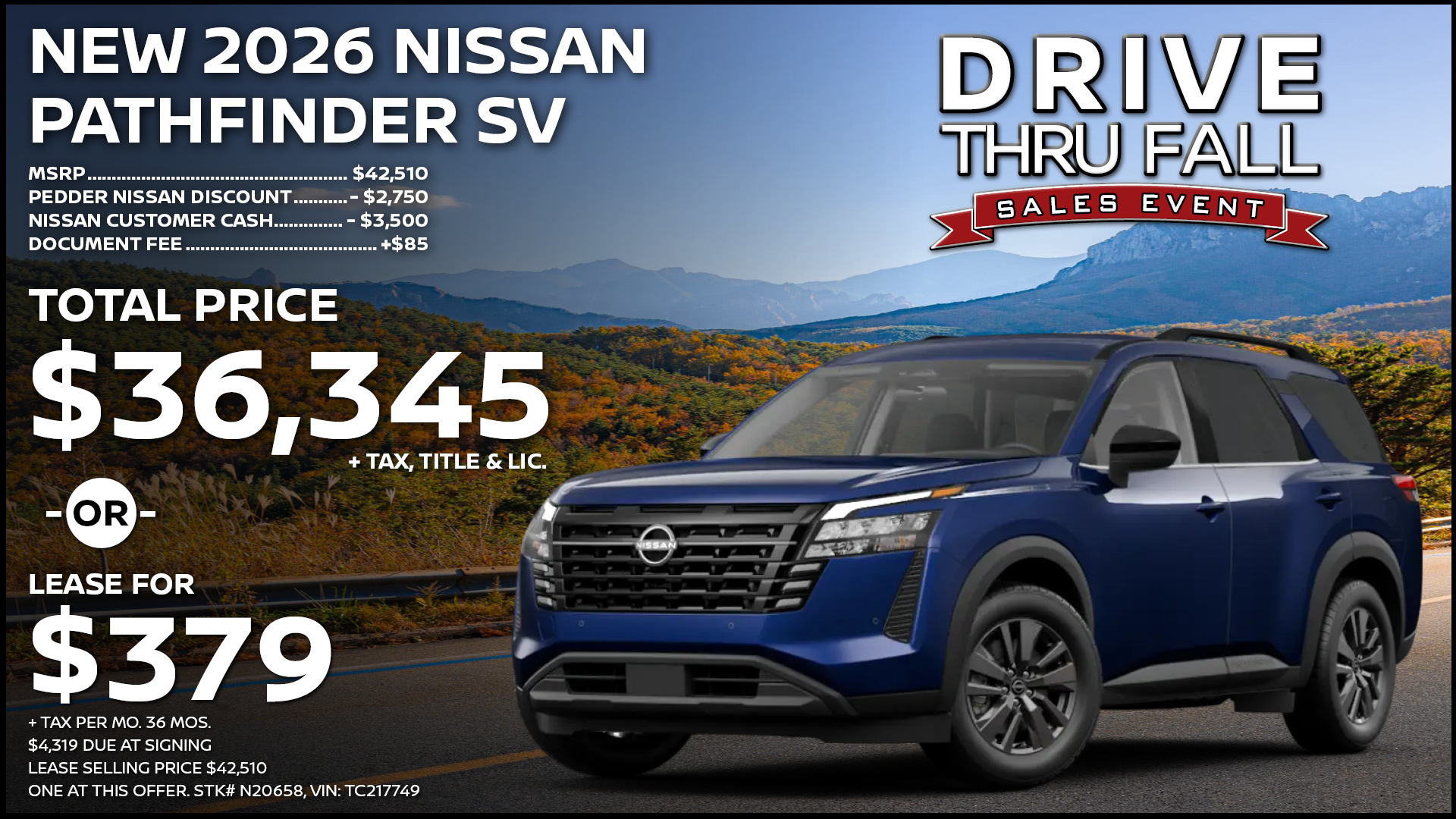 2026 Nissan Pathfinder SV Lease Special