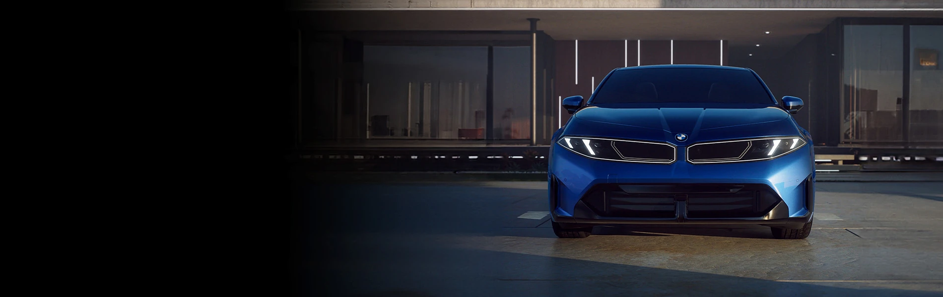 Dramatic low front view of 2027 BMW i3 Sedan parked in front of a modern home.