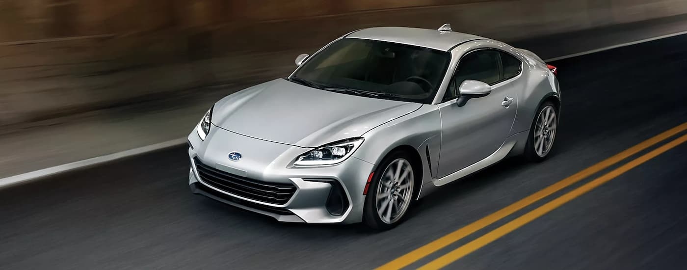 Silver 2023 Subaru BRZ Limited from a high angle on the highway