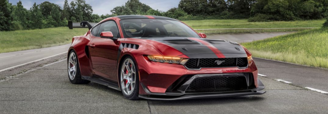 Red and Black 2025 Ford Mustang GTD Carbon Series Front Exterior on a Track