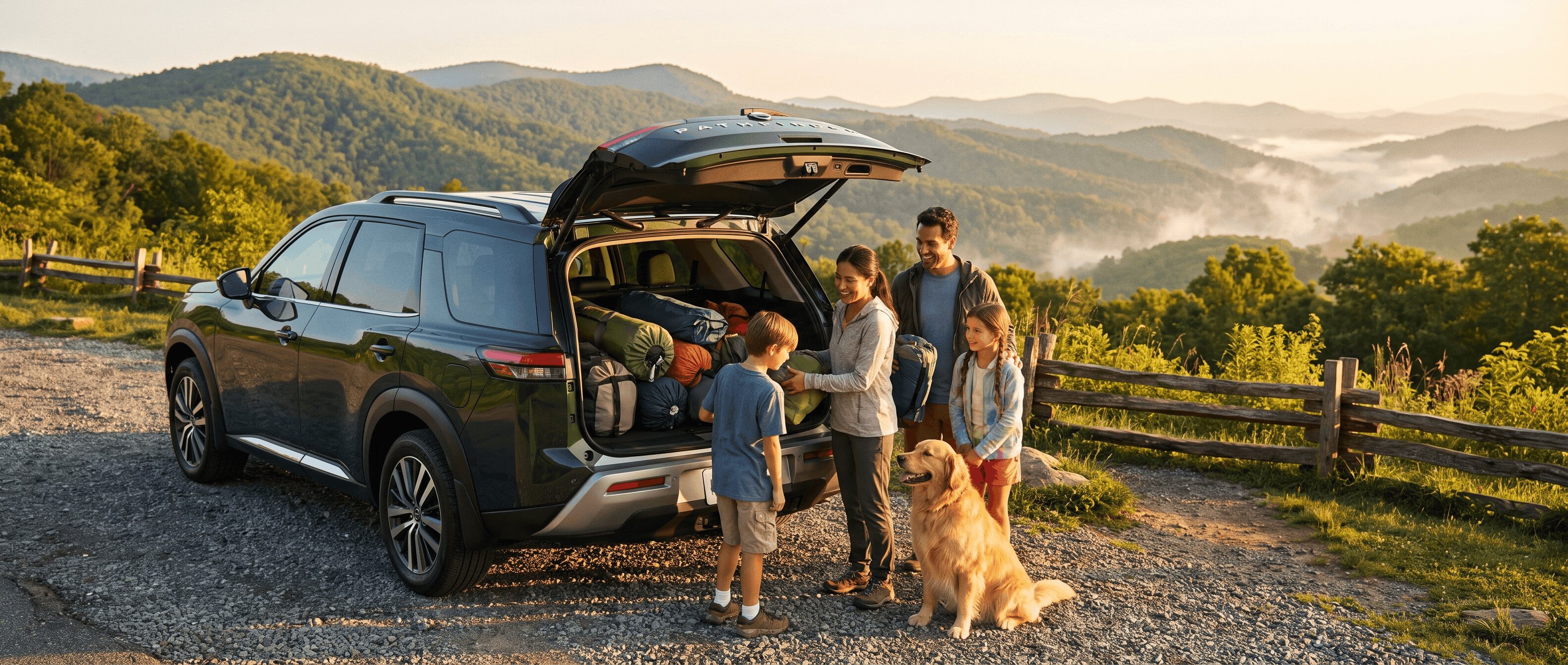 2026 Nissan Pathfinder loaded for a family road trip at a North Georgia mountain overlook