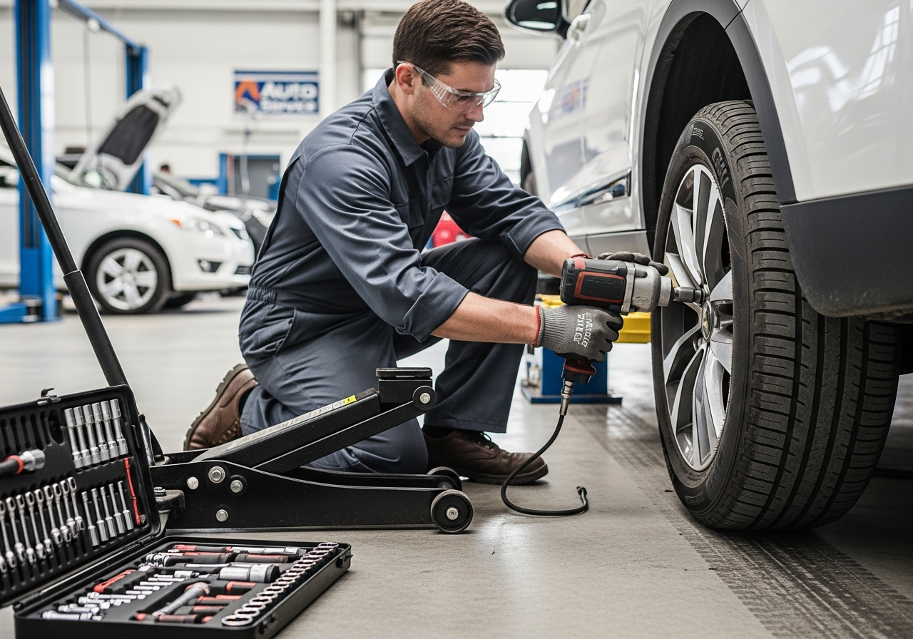 Technician using diagnostic tools on a vehicle in the service lane