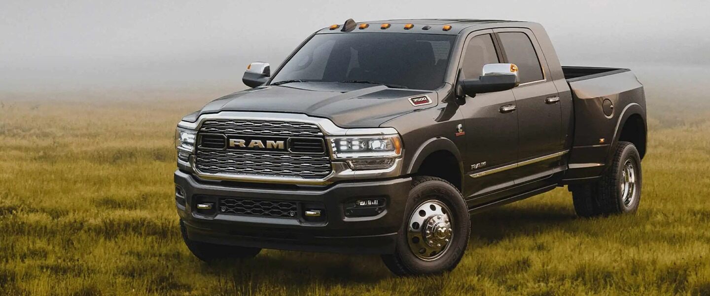 A black 2022 RAM 3500  parked in a field.