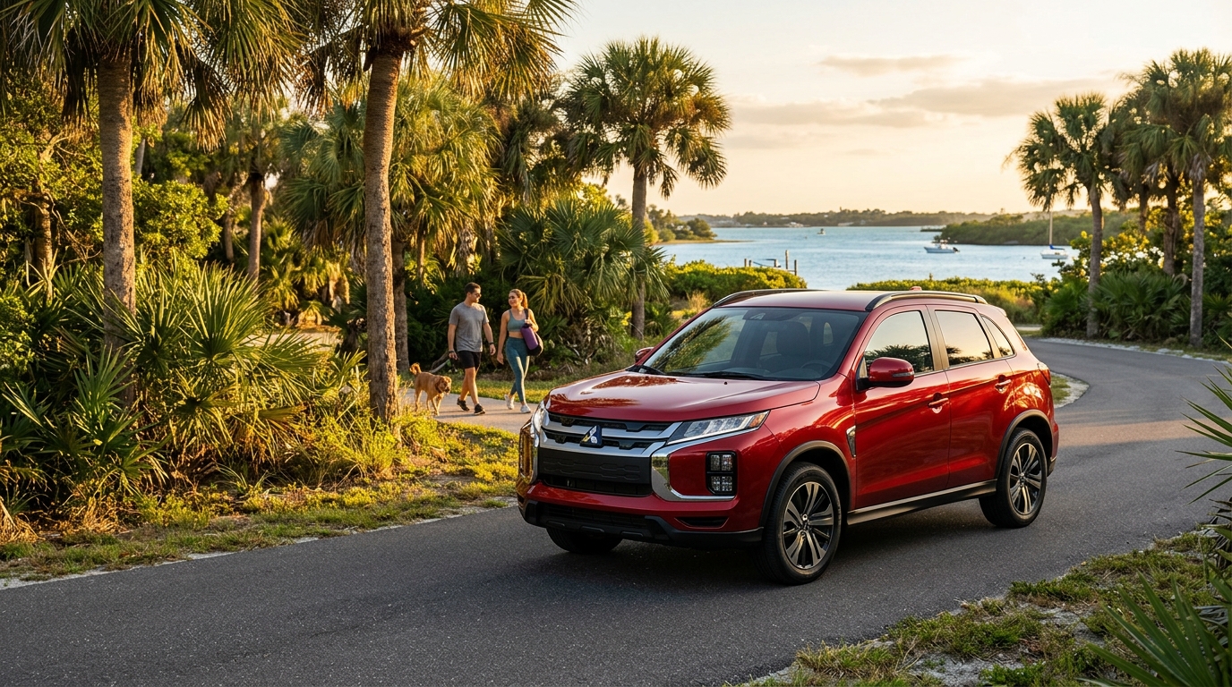 A red Mitsubishi SUV parked on a paved road lined with tropical palm trees near a scenic waterway. (Representative image for illustration purposes only. Actual vehicle may vary based on trim and configuration.)