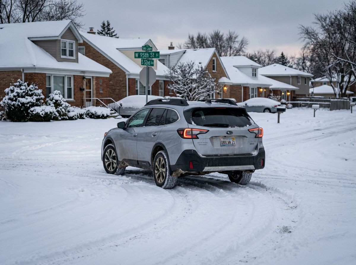 Driver view through a snowy windshield with driver assist display