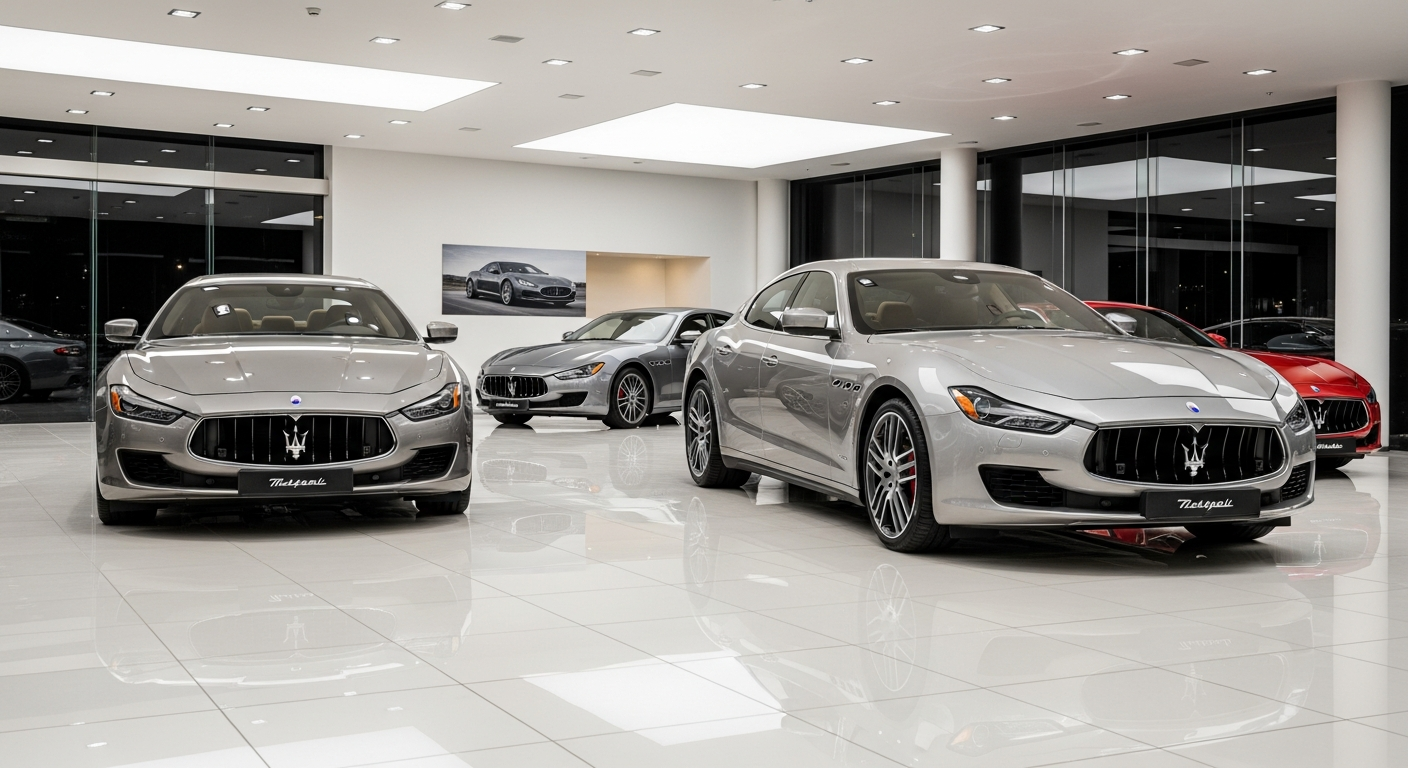 Maserati GranTurismo front three-quarter view at dusk
