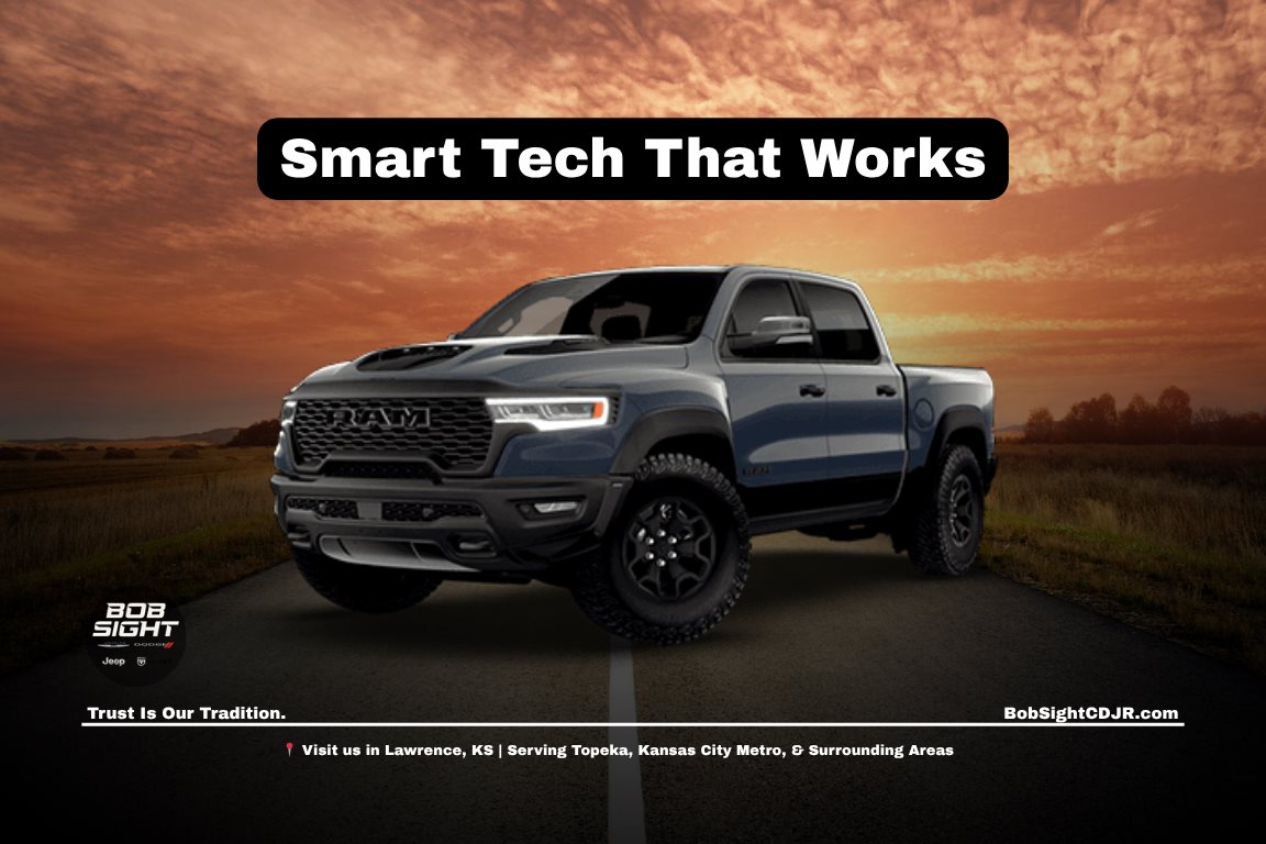 Ram 1500 interior technology features in Lawrence Kansas showing infotainment system and driver connectivity for daily driving