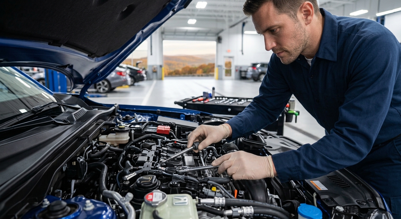 Honda service technician inspecting an engine in a dealership service bay